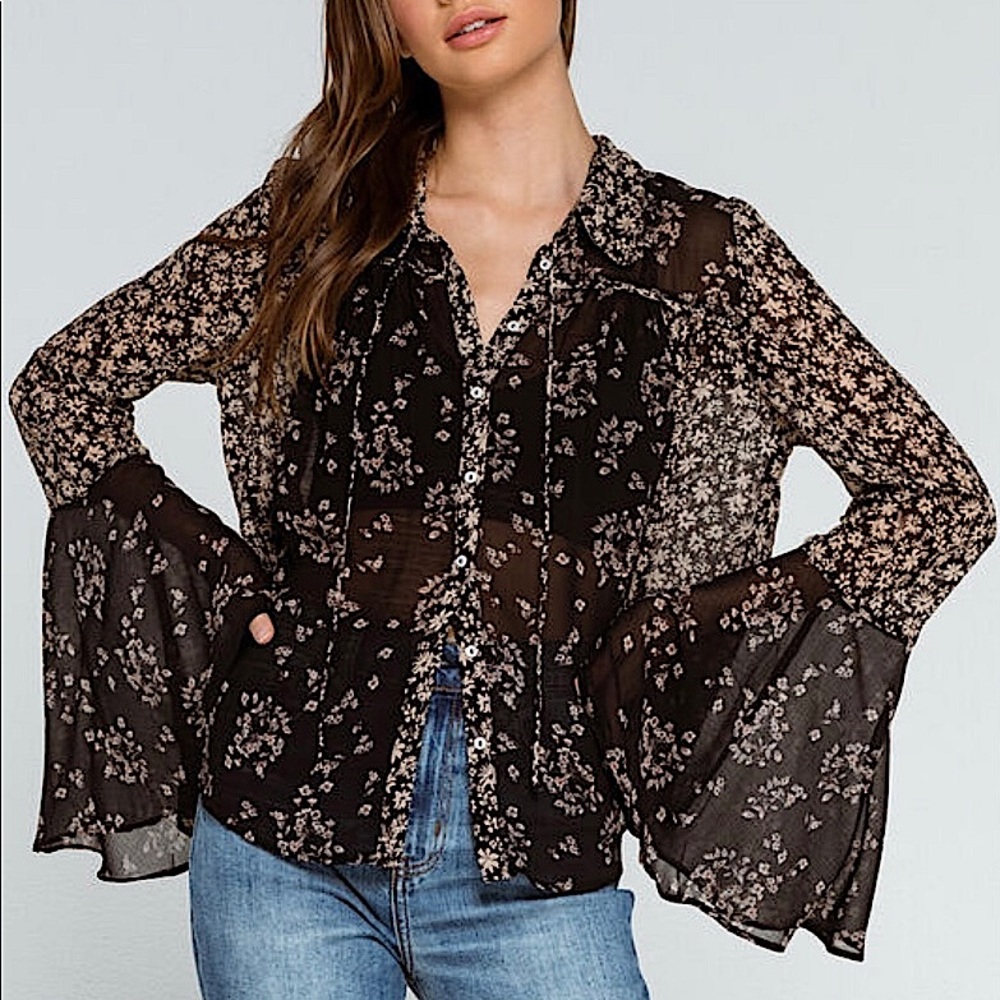 FREE PEOPLE Button Down Flare sleeve Top Blouse XL